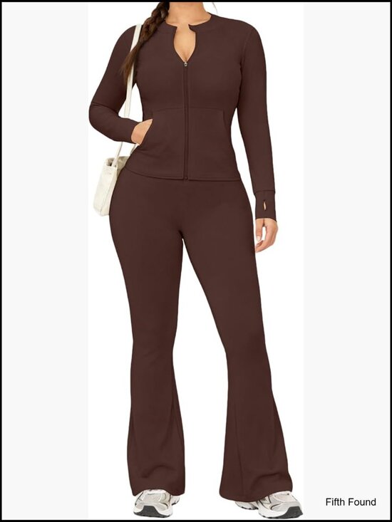 Pants - Womens 2 Piece Set Long Sleeve Jacket & Flare Leggings Workout Tracksuit